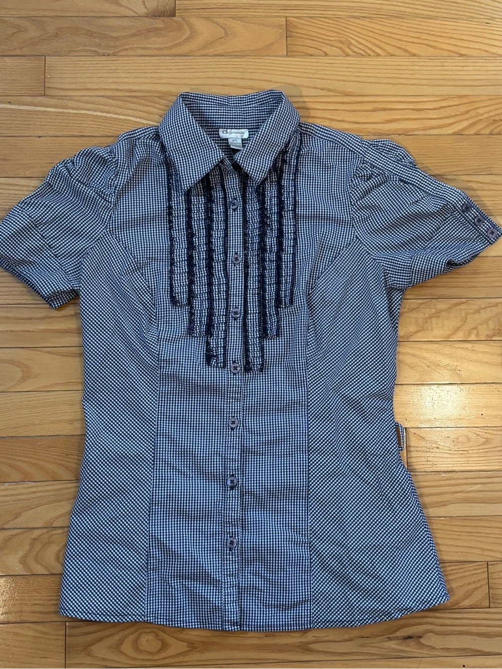 Women’s Navy & White Checked Short-Sleeve Button-Front Top